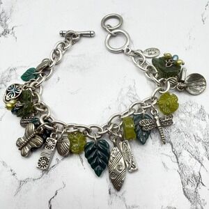 Cookie Lee Charm Bracelet Silver Leaf Dragonfly Fish Toggle‎ 7.25"